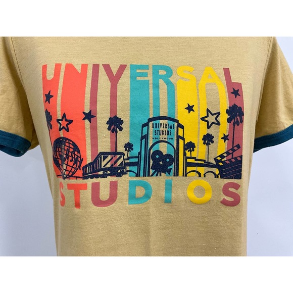 Unisex Universial Studio T-Shirt Beige/Mustard Green Collar and Sleeve Hem Sz L - Picture 2 of 7